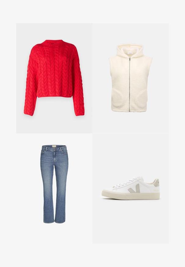 Ärmellose cremefarbene Fleeceweste mit Kapuze, Frontreißverschluss und zwei abgerundeten Fronttaschen, auf hellem Hintergrund präsentiert.; Roter Kabelstrickpullover mit hohem Kragen, langen Ärmeln und verkürztem Saum. Dicke Textur mit erhabenen, ineinandergreifenden Mustern.; Mitteldicke, gerade geschnittene Jeans in Blau mit vorderem Knopf- und Reißverschluss, Gürtelschlaufen sowie Vorder- und Hintertaschen.; Weiße Sneaker aus Leder mit grauen V-Logo-Akzenten, strukturiertem Gummiabsatz, weißen Schnürsenkeln sowie gepolstertem Zungen- und Knöchelbereich.