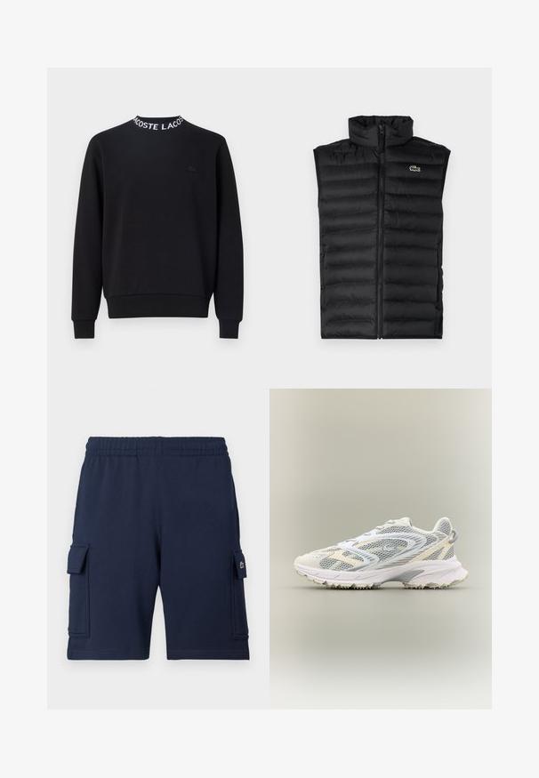 Sort dunvest med høj krave, lynlås lukning og vandrette paneler. Har et lille Lacoste krokodillelogo på brystet.; Sort sweatshirt med rund halsudskæring, hvid "LACOSTE" tekst, ribbede mansjetter og kant, samt et lille sort logo på brystet.; Marineblå cargoshorts lavet af blødt stof, med elastisk taljebånd, to sidelommer og et lille logo på venstre lomme.; Hvid atletiksko med grå mesh-paneler, teksturerede overlejringer, en polstret krave og en gummisål med små grebspidser.