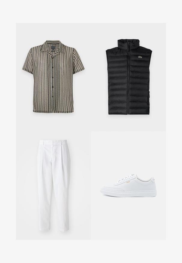 Mustad must vest, mille kõrge kaelusega, lukuga ja horisontaalsete paneelidega. Rinnal on väike Lacoste krokodilli logo.; Lühikeste varrukatega nööbiga särgid, millel on triibuline muster rahulikest beežidest, mustadest ja hallidest toonidest. Omab puhkusekrae ja vabalt voolavat lõiget.; Valged pleeditud püksid kõrge vöökoht ja lühendatud pikkus, millel on sile tekstuur ja puhtad jooned. Puuduvad nähtavad metallosad või mustrid.; Valged nahast tennisekad, millel on sile tekstuur, ümar varvas ja toon-toonis õmblused. Kootud sinised paelad ja kuldne logo küljel.