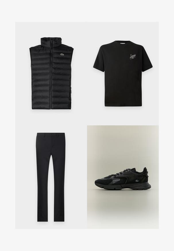Zwarte puffer vest met hoge kraag, rits sluiting en horizontale panelen. Heeft een klein Lacoste krokodil logo op de borst.; Zwarte katoenen t-shirt met korte mouwen, uitgerust met een witte "Lacoste" logo op de linkerborst. Met een ronde halsontwerp.; Zwarte broek met een rechtlopende pasvorm, gemaakt van soepel materiaal. Voorzien van zakken aan de voorkant, een knoopsluiting en riemlussen.; Zwarte Lacoste sneaker met mesh en suède panelen, zwarte zool, veters, logo en coördinaten tekst op de zijkant op een effen beige achtergrond.
