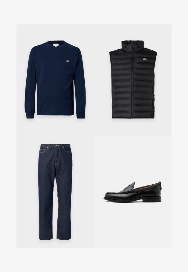 Mustad must vest, mille kõrge kaelusega, lukuga ja horisontaalsete paneelidega. Rinnal on väike Lacoste krokodilli logo.; Tumesinine pika varrukatega T-särk, mis on valmistatud puuvillast, ümaralise kaelusega ja väikese rohelise krokodilli logoga vasakul rinnal.; Tumesinine denimist teksased otse jala disainiga. Omab nupuvajutust ja luku sulgemist, viit taskut ja kontrastsete õmbluste detaile.; Mustast nahast meeste mokasiin, millel on moc varbaõmblus, penny rihm, tekstuuriga krae ja madal virnastatud konts valgel taustal.