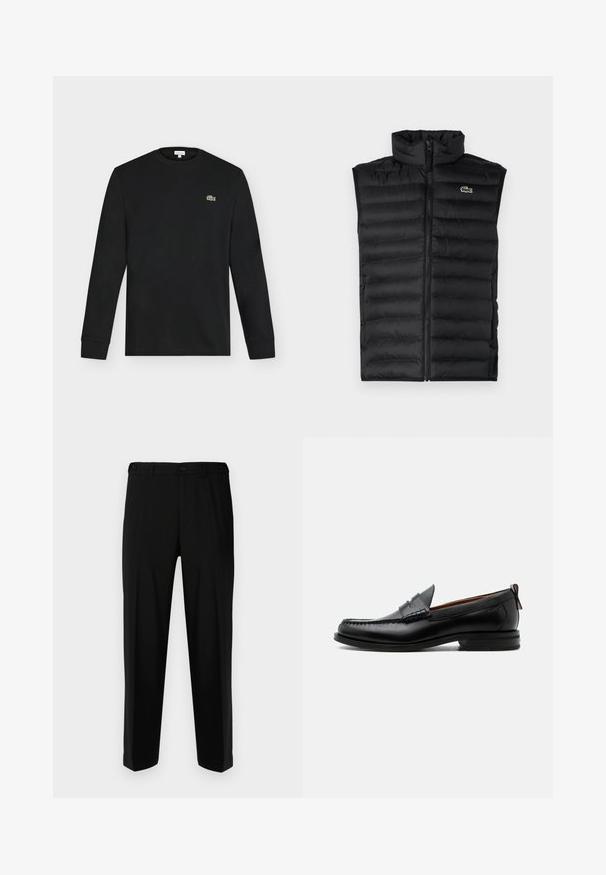 Gilet rembourré noir avec un col montant, fermeture éclair et panneaux horizontaux. Présente un petit logo crocodile Lacoste sur la poitrine.; T-shirt noir manches longues à col rond avec un petit logo crocodile vert sur la poitrine gauche, présenté sur un fond clair uni.; Pantalon noir en tissu lisse, présentant une coupe droite, deux poches avant et une fermeture à glissière avec bouton.; Mocassin homme en cuir noir avec couture moc toe, bride penny, col texturé et petit talon empilé sur fond blanc.