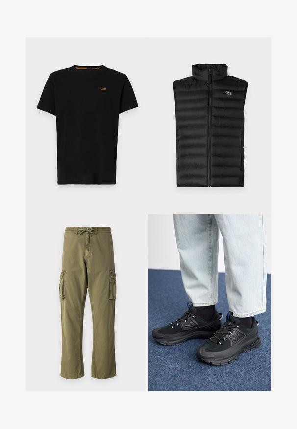 Schwarze Steppweste mit hohem Kragen, Reißverschluss und horizontalen Einsätzen. Mit kleinem Lacoste-Krokodil-Logo auf der Brust.; Schwarzes Baumwoll-T-Shirt mit kurzen Ärmeln, Rundhalsausschnitt und einem kleinen, kontrastierenden gelben Markenpatch auf der linken Brustseite.; Cargo-Hose aus olivgrünem Baumwollmix, mit einem elastischen Bund und Kordelzug, seitlichen Cargo-Taschen und geradem Beinschnitt.; Schwarze Sportschuhe aus strukturiertem Stoff mit Gummisohlen, ausgestattet mit elastischen Schnürsenkeln und einem blauen Akzent an der Ferse. Getragen mit hellen Jeans.