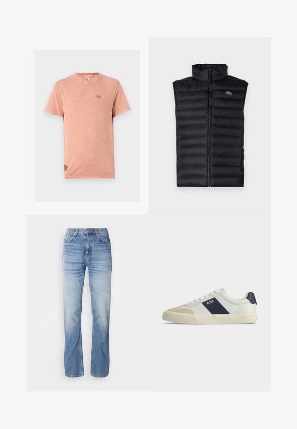 Zwarte puffer vest met hoge kraag, rits sluiting en horizontale panelen. Heeft een klein Lacoste krokodil logo op de borst.; Lichtroze katoenen t-shirt met een ronde hals, korte mouwen en geborduurd logo op de borst. Beschikt over een zachte textuur en een ontspannen pasvorm.; Lichtblauwe denim jeans met een recht gesneden pijp, vervaagde afwerking, vijf zakken en een knoopsluiting. Klassiek ontwerp en gemiddelde dikte.; Witte lage sneaker met beige neus, donkerblauwe zijstreep met label BOSS, witte veters en rubberen zool op een neutrale achtergrond.