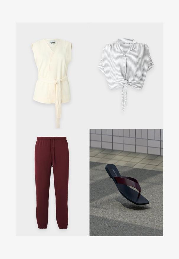 Elfenbensfarvet ærmeløs indpaknings-bluse med bindebælte, der har et struktureret stof og V-hals-design. Ingen yderligere mønstre eller udsmykninger til stede.; Grå og hvid stribet crop-top med knyt foran, knaplukning, korte ærmer og krave, lavet af letvægts materiale.; Bordeaux joggingbukser med elastisk talje, snor, sidelommer og elastiske manchetter mod en ensfarvet hvid baggrund.; En enkelt sort klipklap med en mørkerød rem, der svæver over en grå asfaltflade med beige flisebelægning i baggrunden.