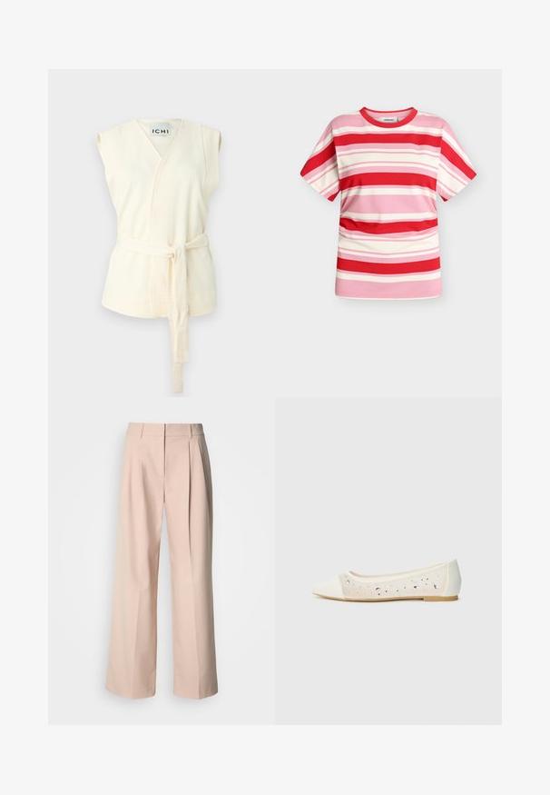 Elfenbensfarvet ærmeløs indpaknings-bluse med bindebælte, der har et struktureret stof og V-hals-design. Ingen yderligere mønstre eller udsmykninger til stede.; Modström URBANMD STRIPE T-SHIRT - T-shirts print - hibiscus peach stripe; Bukser med brede ben i lyserødt stof, med forreste folder, høj talje og glat tekstur. Ensfarvet design uden synlige mønstre.; Spidse flade sko i cremefarvet læder med gennemsigtig overdel prydet med spredte rhinsten. Blød sål for komfort, minimalistisk design.