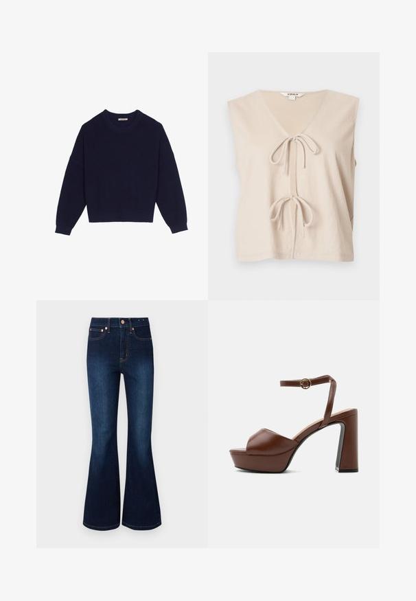 Ærmeløs beige top med dyb V-hals og to bundne sløjfer foran, lavet af blødt, let stof.; Marineblå strikket sweater med ribbestruktur, rund halsudskæring, nedsatte skuldre og cropped kant. Blødt materiale med lange ærmer.; Udbredte mørkeblå jeans med høj talje, lavet af denim. Har kobberfarvet hardware og klassisk fem-lomme design. Glat tekstur.; Brun læder platform sandal med tyk høj hæl, åben tå og justerbar ankelrem med gyldent spænde, vist fra siden.