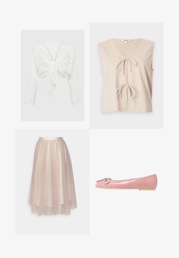 Haut beige sans manches avec un profond décolleté en V et deux nœuds noués sur le devant, fabriqué dans un tissu doux et léger.; Blouse blanche cropped avec un décolleté en V profond, des manches longues et un motif floral texturé. Détail de nœud décoratif à l'avant. Matériau doux et léger.; Ida Sjöstedt FLAWLESS SKIRT - Jupe trapèze - warm beige; Ballerines en cuir verni rose avec un bout arrondi, détail en corde à l'avant et semelle en caoutchouc beige. Fini lisse et brillant sur l'ensemble.