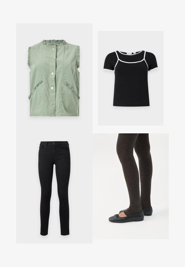Ærmeløs vest i salviegrøn med flæsekant ved kraven, ærmegab og lommer, med forreste trykknaplukning.; Sort kortærmet crop top med hvid kant, der afgrænser halsudskæring, brystområde og ærmekanter, lagt fladt på en lys baggrund.; Sorte skinny jeans lavet af stræk denim. Har et klassisk fem-lomme design og standard metalknaplukning i taljen.; Ben iført mørke ribbede leggings kombineret med sorte balletsko med små sløjfedetaljer på hvid baggrund.