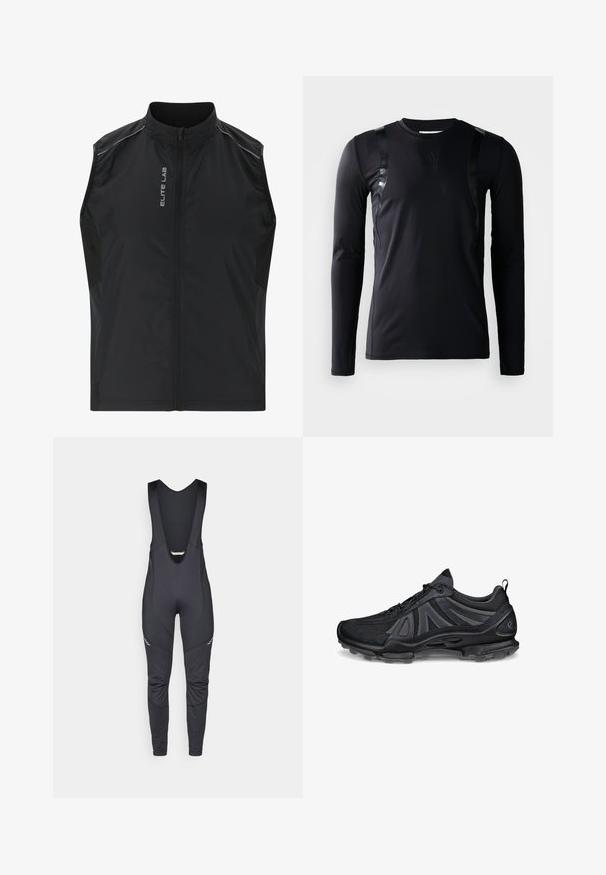 Zwarte mouwloze vest met een ritssluiting aan de voorkant, gemaakt van lichtgewicht materiaal. Beschikt over mesh zijpanelen en zilveren accenten. 'ELITE LAB' logo zichtbaar.; Zwarte lange-mouwen sportshirt gemaakt van glad, rekbaar materiaal. Kenmerkt zich door glanzende zwarte accenten op de schouders en een Adidas-logo op de borst.; Vaude MENS MATERA WARM - Lange fietsbroek met bandjes - black; Zwarte sportschoenen met een bovenwerk van mesh en synthetische accenten. Voorzien van een gestructureerde zool en een afgeronde neus, met elastische veters en een trekkoordje.