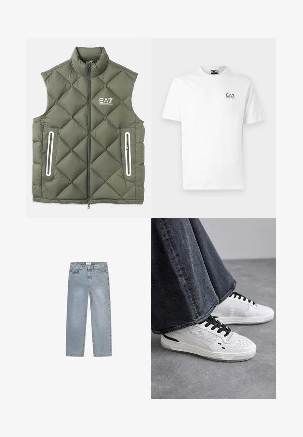 Olijfgroen gewatteerde puffervest met een hoge kraag, een rits aan de voorkant en twee ritszakken. Heeft witte accenten en een logo op de borst.; Witte katoenen t-shirt met een ronde halslijn, korte mouwen en een zwart EA7-logo op de linkerborst. Gladde, effen textuur.; Lichtblauwe denim jeans met een rechte pasvorm, vijf zakken en een vervaagd uiterlijk. Voorzien van een knoop- en ritssluiting.; Witte sneakers met zwarte veters en mesh-details. Beschikt over een gladde leren bovenkant en een gestructureerde rubberen zool. Gepaard met brede grijze jeans.