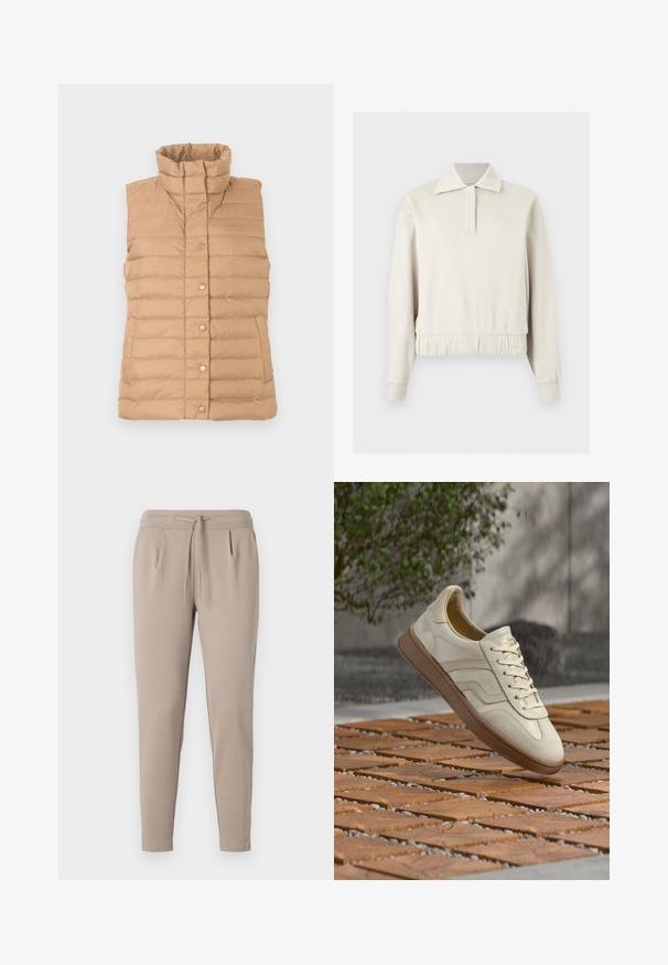 Chaleco acolchado beige con cuello alto, diseño acolchado horizontal, botones de presión frontales y bolsillos laterales. Textura suave, material ligero.; Jersey beige de manga larga con cuello, tapeta frontal, puños de canalé y cintura elástica sobre un fondo liso.; Pantalones jogger beige elaborados en tejido suave, con una cintura elástica y cordón, y bolsillos laterales. Diseño de pierna estrecha.; Zapatilla de color crema con suela de goma beige texturizada, diseño con cordones y sutiles detalles de marca en el lateral. Parte superior de cuero liso.