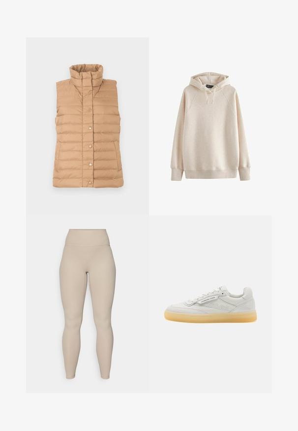 Beige-värinen toppaliivi, jossa korkea kaulus, vaakasuuntainen tikattu kuosi, edessä nepparit ja sivutaskut. Sileä pinta, kevyt materiaali.; Beige huppari, joka on valmistettu pehmeästä kankaasta, jossa on tilava huppu, ribloidut hihansuut ja helma sekä raglan-hihat. Ei näkyviä kuvioita tai grafiikoita.; Beige korkeavyötäröiset leggingsit, joissa on nauhatekstuuri, sileä vyötärö ja istuvat lahkeet, suunniteltu mukavuutta ja joustavuutta varten.; Valkoinen nahkakenkä, jossa on rei'itettyjä yksityiskohtia, pyöreä kärki ja kermaisa kumipohja. Sisältää sävyyn sopivaa ompelua ja minimalistisen muotoilun.