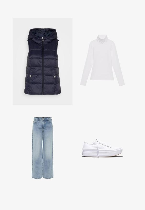 JDY JDYZULU SHORT HOOD WAISTCOAT - Chaleco - sky captain; Top blanco de manga larga y cuello alto, confeccionado en una tela suave y elástica. Presenta un diseño ajustado, sin patrones o adornos visibles.; Jeans de mezclilla de pierna ancha en azul claro con una cintura alta, cinco bolsillos y un ligero desvanecimiento. Incluye pasadores para cinturón y cierre con cremallera.; Zapatilla blanca de lona de perfil bajo con suela gruesa de plataforma, cierre de cordones en el frente y puntera de goma texturizada, mostrada de perfil.