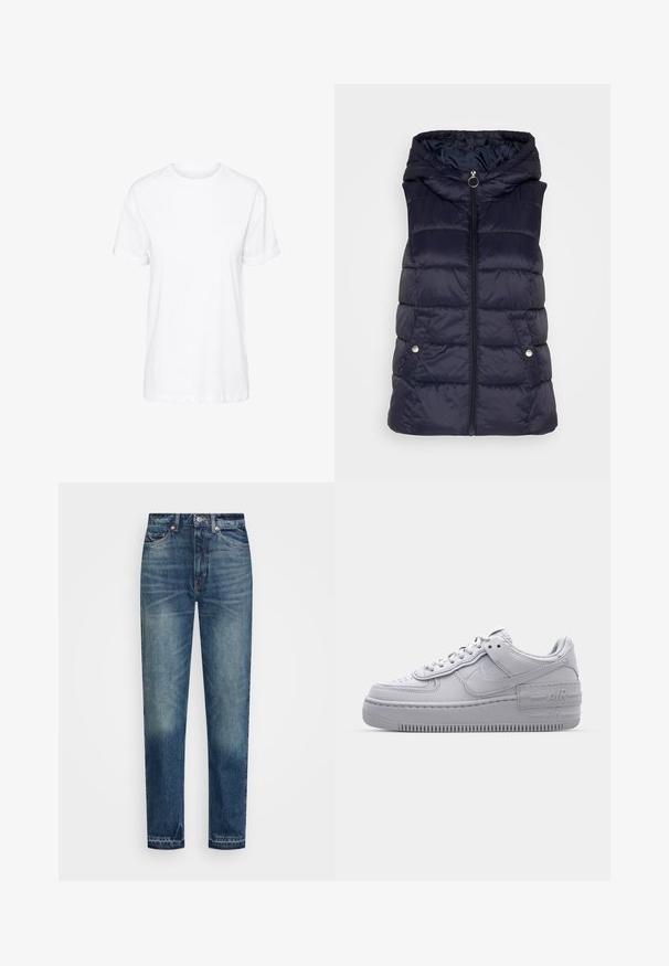 JDY JDYZULU SHORT HOOD WAISTCOAT - Bodywarmer - sky captain; Witte katoenen T-shirt met korte mouwen, een ronde hals en een relaxte pasvorm, met een gladde textuur en zonder zichtbare patronen.; Weekday ROWE EXTRA HIGH - Straight leg jeans - vintage blue; Grijze Nike Air Force 1 sneaker met geperforeerde neus, glad leren bovenwerk, dikke zool en verhoogde 'AIR' details op de hiel.