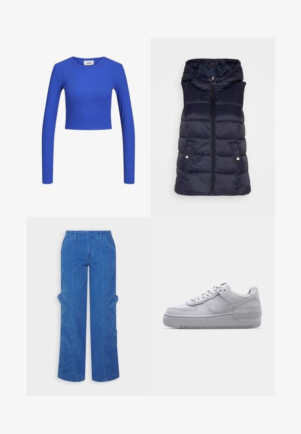 JDY JDYZULU SHORT HOOD WAISTCOAT - Γιλέκο - sky captain; Μπλε ριγέ μακρυμάνικο cropped τοπ με στρογγυλή λαιμόκοψη. Λείο υφασμα και εφαρμοστό σχέδιο, με διακριτό μοτίβο σε όλη την επιφάνεια. Ορατή ετικέτα μάρκας.; BDG Urban Outfitters Παντελόνι cargo - bright blue; Γκρι Nike Air Force 1 αθλητικό παπούτσι με πορώδη μύτη, λεία δερμάτινη επάνω επιφάνεια, χοντρή σόλα και ανάγλυφη λεπτομέρεια 'AIR' στην φτέρνα.