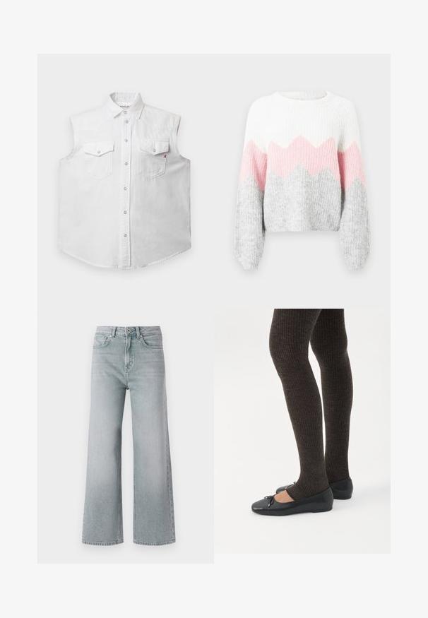 Camisa sin mangas blanca de tela vaquera de algodón, con un cuello clásico, cierre frontal de botones, dos bolsillos en el pecho y un sutil bordado de una "R" roja.; Suéter de ganchillo con patrón de zigzag en blanco, rosa y gris. Cuenta con mangas largas, textura acanalada y cuello redondo. Material de punto suave.; Jeans de pierna ancha gris claro, hechos de mezclilla con un acabado desgastado. Presentan cinco bolsillos, pasadores para cinturón y un cierre con botón delantero.; Piernas con leggings oscuros acanalados combinados con bailarinas negras que presentan pequeños detalles de lazo sobre un fondo blanco.