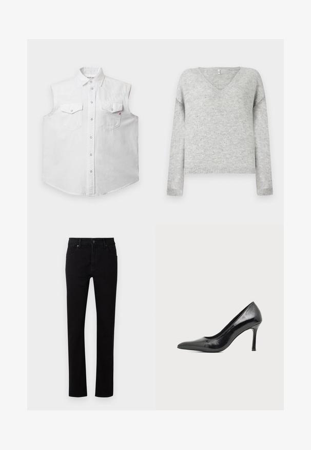 Chemise sans manches blanche en denim de coton, dotée d'un col classique, d'une fermeture à boutons sur le devant, de deux poches poitrine et d'une broderie discrète "R" en rouge.; Pull gris en V en matériau doux, avec une coupe décontractée et agrémenté de petits sequins argentés sur tout le tissu.; Jean en denim noir avec une coupe droite. Comprend cinq poches, une fermeture à bouton à l'avant et des détails de couture subtils le long des coutures.; Chaussure à talon haut pour femme en cuir verni noir avec bout pointu et talon fin sur fond clair uni.