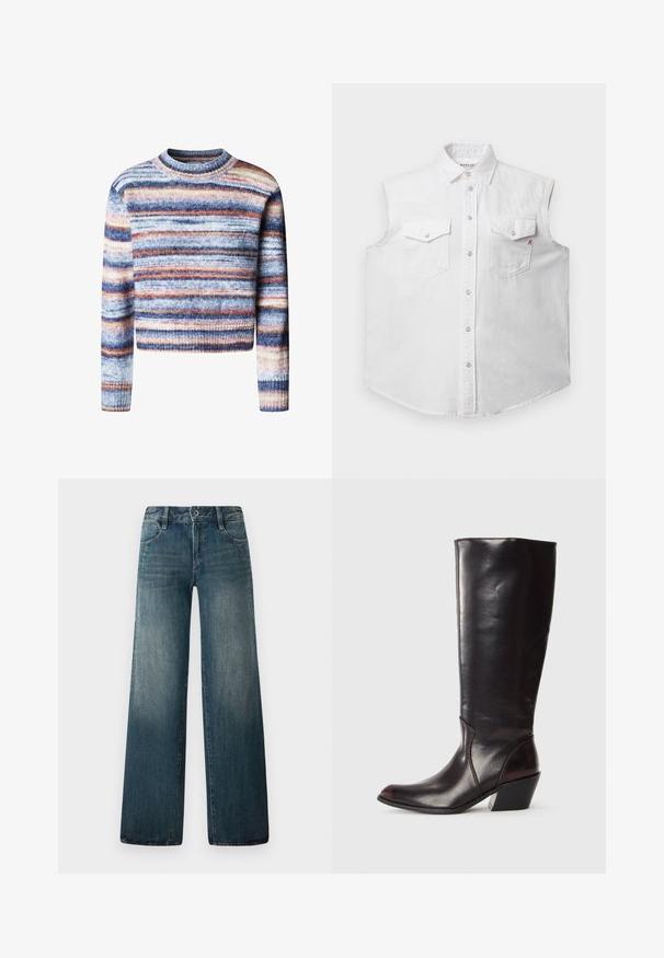 Witte mouwloze shirt van katoen denim, met een klassieke kraag, een knopsluiting aan de voorkant, twee borstzakken en subtiele rode "R" borduring.; Multikleurige cropped trui met horizontale strepen. Het materiaal heeft een zachte, textuurrijke feel. Heeft een ronde halslijn en lange mouwen.; Brede jeans in middelblauwe denim met een vervaagde afwerking. Beschikt over vijf zakken en een metalen knoopsluiting. Recht gesneden en enkel lengte.; Knielange, donkerbruine leren laars met een spitse neus, hoekige blokhak en een gladde, glanzende textuur. Heeft een strak ontwerp en stikdetails.