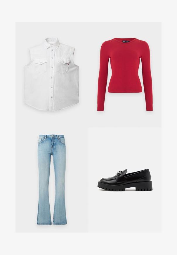 Chemise sans manches blanche en denim de coton, dotée d'un col classique, d'une fermeture à boutons sur le devant, de deux poches poitrine et d'une broderie discrète "R" en rouge.; Top rouge à manches longues côtelé avec un col arrondi. Confectionné dans un tissu doux, silhouette ajustée et détails subtils de texture. Étiquette de la marque visible.; Jeans en denim bleu clair avec une taille haute, bouton et fermeture éclair à l'avant, cinq poches et jambes évasées sur un fond uni.; Mocassins en cuir noir avec une semelle épaisse et nervurée et un accent de boucle métallique sur la sangle. Texture lisse, design classique.