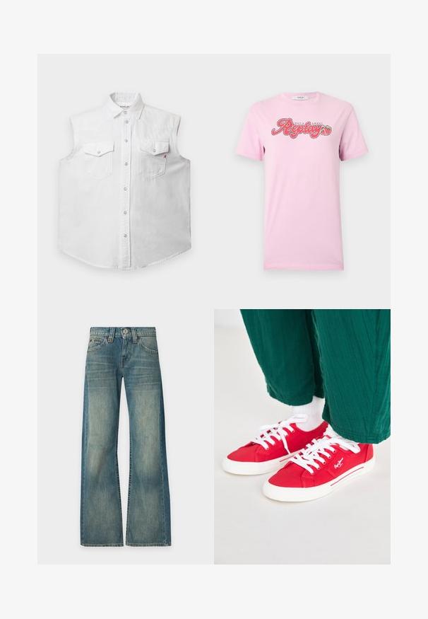 Chemise sans manches blanche en denim de coton, dotée d'un col classique, d'une fermeture à boutons sur le devant, de deux poches poitrine et d'une broderie discrète "R" en rouge.; T-shirt rose clair à manches courtes avec le texte « Hot & Sweet Replay » et un graphisme de deux fraises au centre de la poitrine.; Jean en denim bleu à lavage délavé, taille haute, jambes larges, bouton et fermeture éclair devant, cinq poches, présenté sur un fond uni.; Baskets en toile rouges avec des lacets blancs, dotées d'une semelle en caoutchouc blanche et d'accents rayés sur le côté. Portées avec un pantalon vert texturé et des chaussettes blanches.