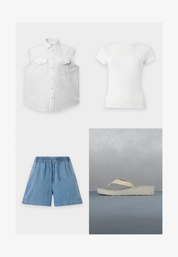 Chemise sans manches blanche en denim de coton, dotée d'un col classique, d'une fermeture à boutons sur le devant, de deux poches poitrine et d'une broderie discrète "R" en rouge.; T-shirt blanc cintré à manches courtes avec encolure dégagée, présenté sur un fond gris clair.; Shorts en denim bleu clair avec une taille élastique et un cordon de serrage. Ils disposent de poches latérales et d'une coupe décontractée avec des ourlets cousus.; Sandale beige à lanière en forme de tanga avec semelle à motifs flottant au-dessus d'un sol en carrelage terre cuite et galets, avec en arrière-plan des verdure floue et un mur en pierre.