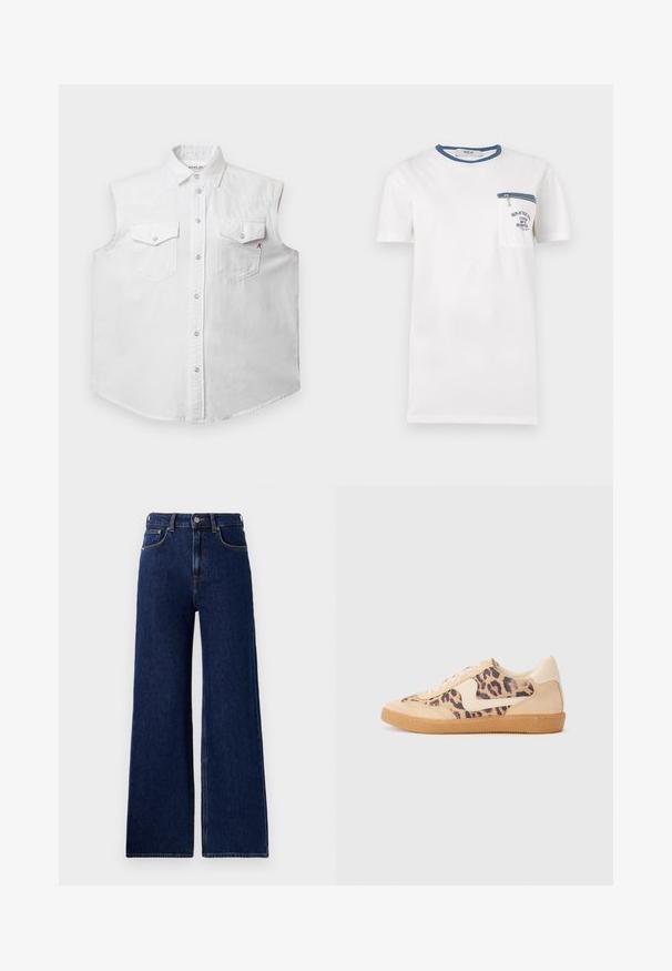 Camisa sin mangas blanca de tela vaquera de algodón, con un cuello clásico, cierre frontal de botones, dos bolsillos en el pecho y un sutil bordado de una "R" roja.; Camiseta blanca de manga corta con ribete azul en el cuello, bolsillo en el pecho con cremallera azul y texto impreso en azul marino en el bolsillo.; Red Bull Racing x Pepe Jeans Pernera ancha - blue denim; Zapatillas de leopardo con parte superior de ante beige, suela de goma marrón y acentos blancos. Punta redonda y diseño con cordones con un acabado texturado.