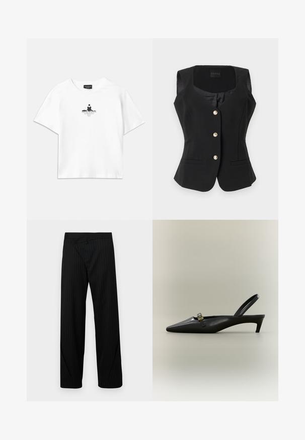 Ärmellose schwarze Damenweste mit drei goldenen Knöpfen, zwei vorderen Schlitztaschen und einem quadratischen Ausschnitt von Guess.; Weißes Baumwoll-T-Shirt mit lockerer Passform, das in der Mitte einen schwarzen Grafikdruck zeigt, der Text und ein Silhouetten-Design umfasst.; Schwarz gestreifteweit geschnittene Hose mit einem einzigartigen gefalteten Design an der Taille und glatter Textur. Verfügt über maßgeschneiderte Handwerkskunst und moderne Details.; Schwarzer Slingback-Kitten-Heel aus Leder mit spitz zulaufender Zehenpartie und kleiner goldfarbener Schnalle auf einfarbigem Hintergrund.
