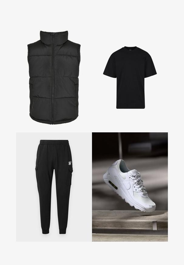 Chaleco acolchado negro con cuello alto, cremallera frontal y sin mangas. Presenta secciones acolchadas y bolsillos laterales para mayor practicidad.; Camiseta negra de manga corta con cuello redondo, corte holgado, diseño liso y sin logotipos ni patrones visibles.; Pantalones cargo negros fabricados en un tejido suave, con una cinturilla elástica, bolsillos laterales y un logo discreto en el muslo. Diseño de corte recto.; Zapatilla Nike Air Max 90 blanca con parte superior de malla y cuero, caja de puntera perforada y unidad de aire visible en el talón.