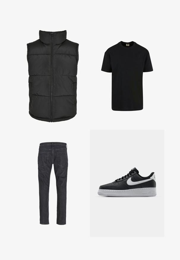 Schwarze gepolsterte Weste mit hohem Kragen, Frontreißverschluss und ohne Ärmel. Verfügt über gesteppten Teile und Taschen an den Seiten für praktische Nutzung.; Urban Classics SHORTSLEEVE - T-Shirt basic - black; Dunkelgraue Jeans mit geradem Bein, von hinten gezeigt, mit zwei Gesäßtaschen und Gürtelschlaufen am Bund.; Schwarze Ledersneaker mit strukturierten Oberflächen, weißem Nike-Swoosh, grauer Sohle, runder Zehenpartie und Schnürdesign. Verfügt über Perforationen an der Zehenbox.