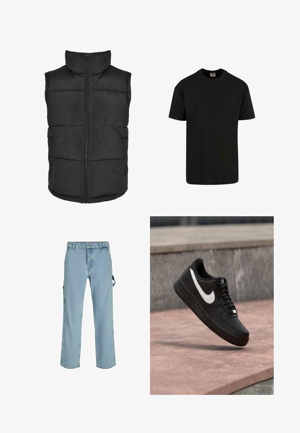 Chaleco acolchado negro con cuello alto, cremallera frontal y sin mangas. Presenta secciones acolchadas y bolsillos laterales para mayor practicidad.; Urban Classics SHORTSLEEVE - Camiseta básica - black; Pantalones cargo de mezclilla azul claro con un corte relajado, que cuentan con lazos de sujeción laterales y bolsillos frontales, mostrando una textura desgastada.; Zapatilla Nike Air Force 1 negra con el logo de la marca en blanco, flotando sobre una superficie de piedra y un fondo de pared gris texturizada.