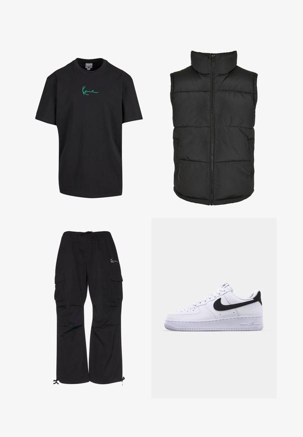 Sort polstret vest med høj krave, frontlynlås og uden ærmer. Har kviltede sektioner og sidelommer for praktisk brug.; Sort bomulds T-shirt med korte ærmer og rund hals. Har grøn "Kanye" signatur grafik foran. Ensfarvet bagpå og afslappet pasform.; Sorte cargobukser lavet af letvægtsstof, med elastisk talje med snøre, sidelommer og justerbare manchetter.; Hvide lædersneakers med en struktureret sort Swoosh, flade snørebånd og en gummisål med et rillemønster. "AIR" er præget på hælen.