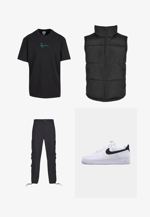 Sort polstret vest med høj krave, frontlynlås og uden ærmer. Har kviltede sektioner og sidelommer for praktisk brug.; Sort bomulds T-shirt med korte ærmer og rund hals. Har grøn "Kanye" signatur grafik foran. Ensfarvet bagpå og afslappet pasform.; Sorte cargo bukser lavet af bomuld, med flere sidelommer, elastiske snore ved manchetterne og en knaplukning i taljen.; Hvide lædersneakers med en struktureret sort Swoosh, flade snørebånd og en gummisål med et rillemønster. "AIR" er præget på hælen.