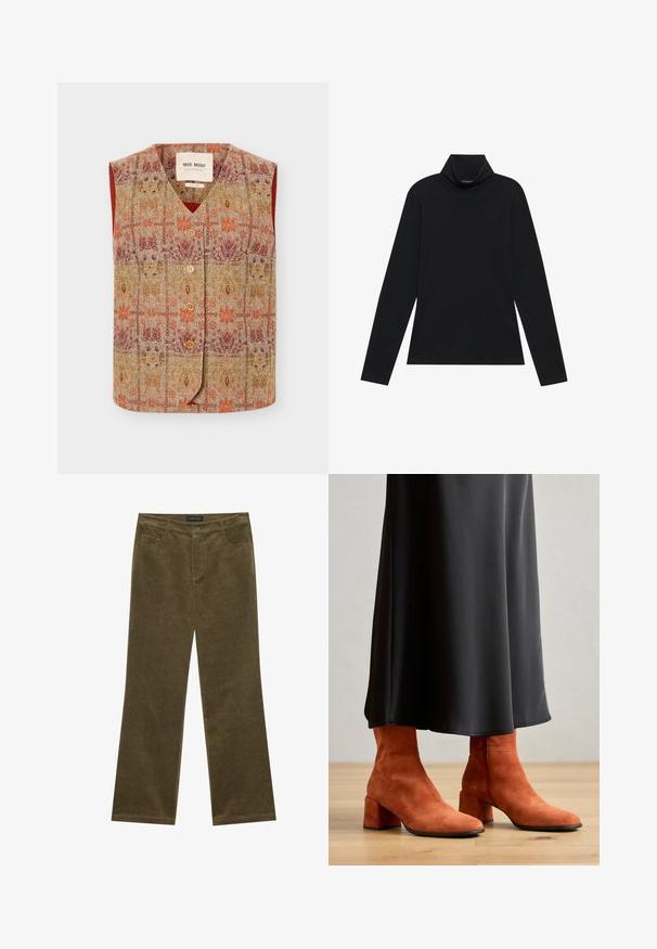 Ærmeløs vest med knapper og V-hals, med flerfarvet blomstret og geometrisk mønster i orange, gule og bordeaux nuancer.; Sort turtleneck med lange ærmer. Blødt stof, tætsiddende design, høj krave og sidesøm. Simpel og alsidig stil, der er velegnet til lag-på-lag.; Olivengrønne fløjl bukser med flared ben, fem lommer, synlig syning og knaplukning i taljen for en sikker pasform.; ÁNGEL ALARCÓN Støvletter - siena