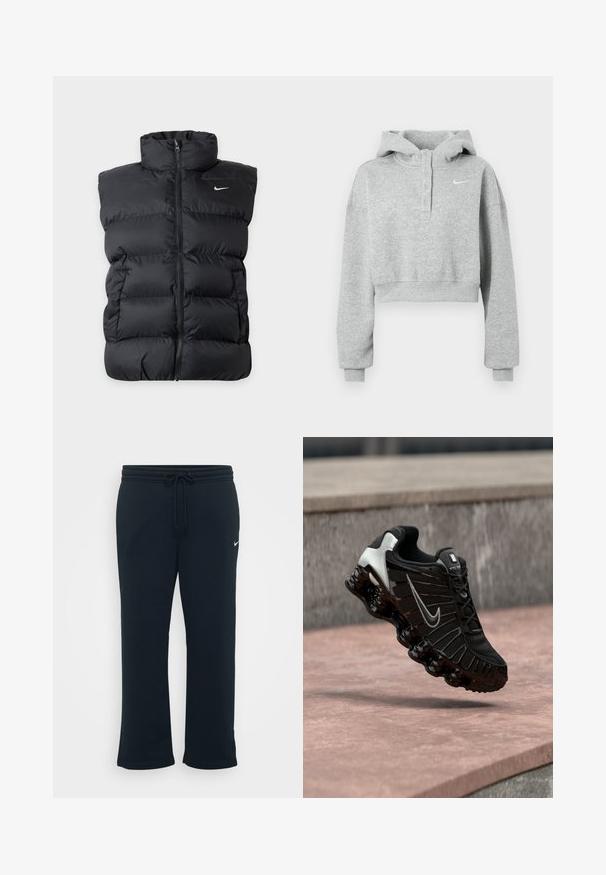 Sort polstret ærmeløs vest med lynlås foran og lille hvid Nike-logo på venstre bryst mod ensfarvet baggrund.; Grå cropped hættetrøje lavet af blødt stof, med knaplukket krave, lange ærmer og et lille Nike-logo på brystet.; Sorte sweatpants med elastisk talje og justerbar snor. Har et lille hvidt Nike-logo på venstre side. Blød stofstruktur.; Sort atletiksko med tekstureret mesh-overdel, sølvfarvede detaljer og en tyk, blank sort sål med afrundede polstrede elementer.