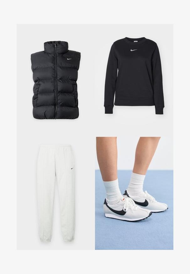 Čierna prešívaná vesta bez rukávov s predným zipsom a malým bielym logom Nike na ľavej strane hrudníka na jednotnom pozadí.; Čierna mikina vyrobená z bavlnenej zmesi, s rebrovanými manžetami a lemom, okrúhlym výstrihom a strieborným logom Nike na hrudi.; Svetlosivé tepláky Nike s elastickým pásom, zúženými lemami a malým čiernym logom na ľavom stehne. Mäkká, textúrovaná tkanina.; Biele sieťované tenisky s čiernymi akcentmi, okrúhlou špičkou a plochou gumovou podrážkou. V kombinácii s rebrovými bielymi ponožkami.