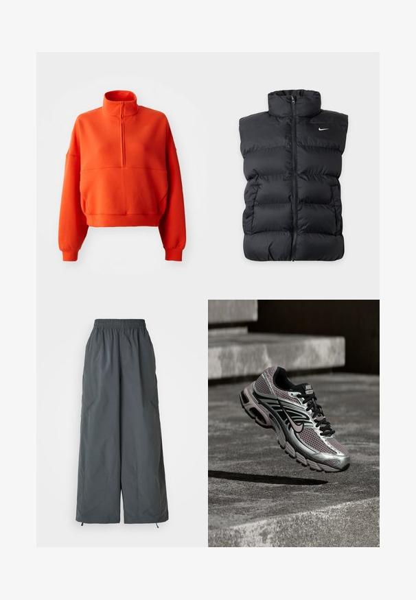 Čierna prešívaná vesta bez rukávov s predným zipsom a malým bielym logom Nike na ľavej strane hrudníka na jednotnom pozadí.; Svetlooranžová skrátená mikina s falošným golierom a polovičným zipsom, s širokými rukávmi a textúrovanou látkou pre pohodlie.; Sivé, pohodlné nohavice s elastickým pásom a širokými nohavicami vyrobené z ľahkej látky, s dvoma bočnými vreckami a nastaviteľnými šnúrkami na manžetách.; Behácka obuv Nike Air Max so striebornou, čiernou a fialovou sieťovinou, zobrazená vo vzduchu nad betónovým povrchom a schodmi.