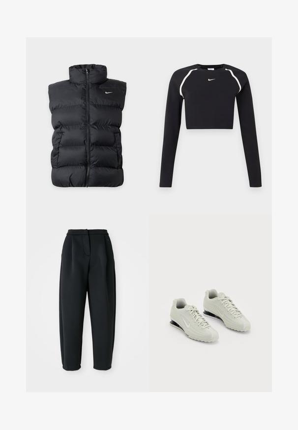 Schwarze wattierte ärmellose Weste mit Frontreißverschluss und kleinem weißen Nike-Logo auf der linken Brust vor einfarbigem Hintergrund.; Schwarzes langärmliges, kurzes Sportoberteil mit weißen, geschwungenen Schulterstreifen und kleinem weißen Nike-Swoosh-Logo auf der Brustmitte.; Schwarze Hose aus glattem Stoff, mit einem taillierten Bund, gefaltetem Vorderteil und schmal zulaufendem Bein mit umschlagenen Säumen.; Weiße Nike-Sneaker mit einer strukturierten Oberseite, ausgestattet mit einer glatten Zehenkappe und schwarzen Polsterakzenten. Schnürstil mit verstärktem Absatz.
