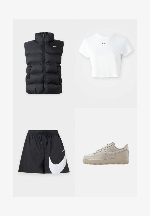 Čierna prešívaná vesta bez rukávov s predným zipsom a malým bielym logom Nike na ľavej strane hrudníka na jednotnom pozadí.; Biely skrátený tričko vyrobené z bavlny, s krátkymi rukávmi a okrúhlym výstrihom, s čiernym logom Nike na hrudi.; Čierne šortky vyrobené z ľahkej tkaniny s elastickým pásom a šnúrkou na stiahnutie. Na prednej strane majú veľký dizajn bieleho loga Nike.; Nízke béžové kožené tenisky s cvokmi na logu Nike swoosh, perforovanou špičkou a hrubou gumovou podrážkou s označením "AIR" na boku.