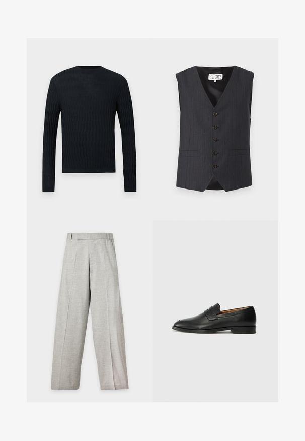 Gilet gris à fines rayures avec un col en V, sans manches, doté de cinq boutons bruns et de poches latérales, fabriqué en tissu lisse.; Pull tricoté bleu marine avec une texture ondulée, manches longues et col rond. Présente un ourlet et des poignets côtelés pour un ajustement sûr.; Pantalon large gris clair avec plis sur le devant, passants pour ceinture et coupe droite, présenté sur un fond blanc uni.; Mocassin en cuir noir avec un bout arrondi, des coutures subtiles et un talon bas, présentant une texture lisse et un design minimaliste.