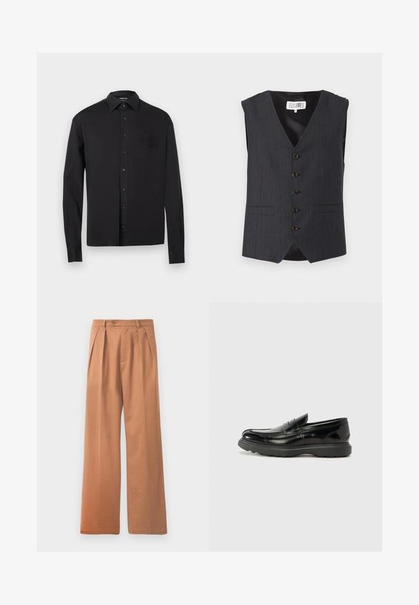 Gilet gris à fines rayures avec un col en V, sans manches, doté de cinq boutons bruns et de poches latérales, fabriqué en tissu lisse.; Chemise noire à manches longues avec boutons, col pointu et blason brodé subtil sur le côté gauche de la poitrine, présentée sur un fond blanc.; Pantalons larges beiges avec une taille plate, des plis et une fermeture à un bouton à la taille. Texture lisse et design longueur complète.; Mocassin en cuir noir avec une finition brillante, bout arrondi, détails de couture subtils et semelle en caoutchouc épaisse pour la durabilité.