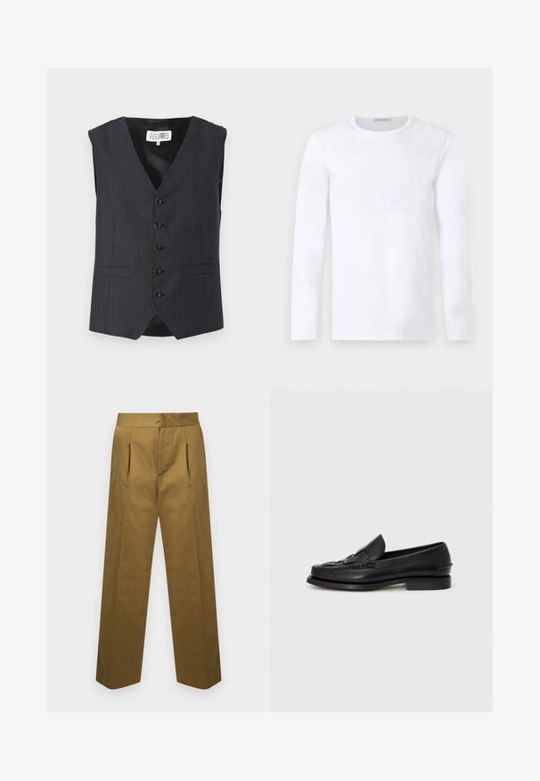 Gilet gris à fines rayures avec un col en V, sans manches, doté de cinq boutons bruns et de poches latérales, fabriqué en tissu lisse.; T-shirt blanc uni à manches longues avec col rond, design simple et épuré sans motifs ni logos visibles.; Pantalon taille haute vert olive avec plis devant, jambes larges et droites, et fermeture avant dissimulée.; Mocassin en cuir noir avec un détail tissé à l'avant, bout arrondi et petit talon. Texture lisse et design minimaliste.