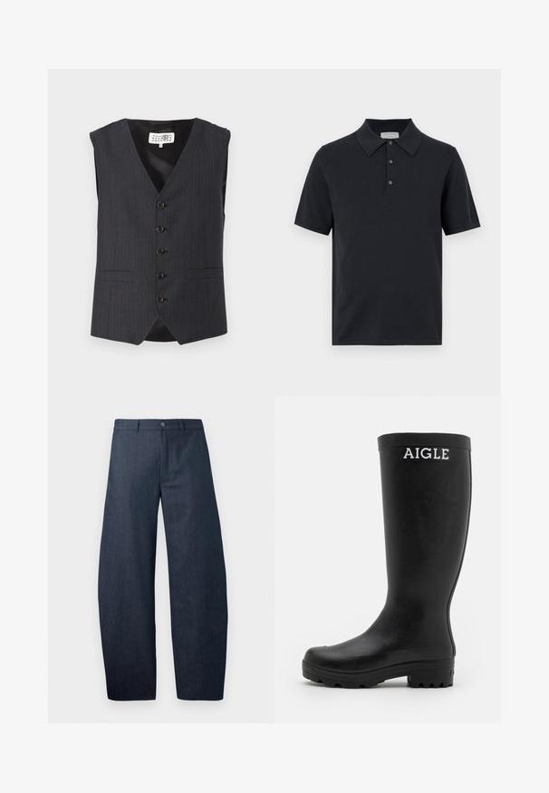 Grå vest med nålestriber, V-hals, ærmeløs design, med fem brune knapper og sidelommer, lavet af glat stof.; Sort kortærmet polo t-shirt med tre knapper og en spids krave, vist mod en ensfarvet hvid baggrund.; Mørkeblå vide jeans lavet af denim, med knaplukning, bæltestropper og en glat tekstur uden synlige mønstre.; Sorte gummistøvler med en glat overflade, høj skaft og en robust, rillet sål. Har et hvidt AIGLE-logo foran.