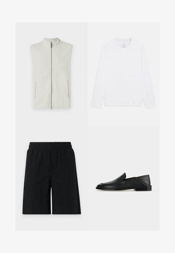 Gilet léger sans manches en crème, avec un col haut, une fermeture éclair à l'avant et deux poches latérales avec de subtils accents dorés.; T-shirt à manches longues blanche avec un col rond, portant le logo Armani Exchange imprimé à l'intérieur de l'encolure, taille médium.; Shorts noirs avec une taille élastique, en tissu texturé, de coupe longueur genou et avec des poches latérales.; Mocassin en cuir noir sans lacets avec petit talon et bout arrondi, présenté sur un fond blanc uni.