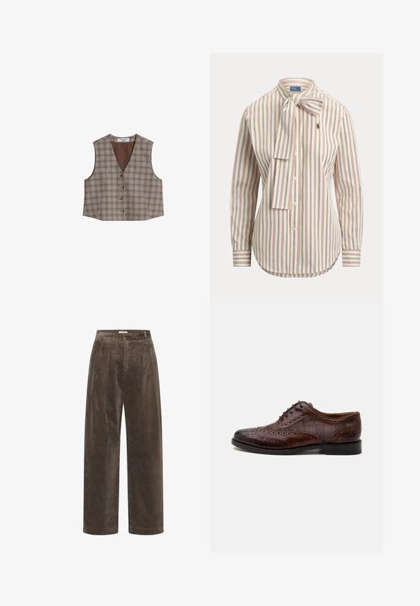 Veste sans manches à carreaux marron et blanc avec col en V et quatre boutons à l'avant, étiquetée Marc O’Polo Denim.; Blouse beige à manches longues avec des rayures verticales marron et orange, boutonnée sur le devant et un nœud noué au cou.; Pantalons larges en velours côtelé marron avec plis, présentant une texture douce et une taille mi-haute. Les finitions d'ourlet sont propres et droites.; Chaussure habillée homme à bout golf en cuir marron avec détails brogue et panneaux latéraux en tissu à carreaux, vue de côté sur fond blanc.