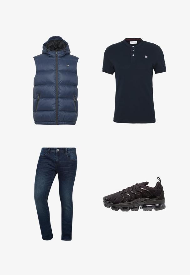 Gilet matelassé bleu marine avec capuche, doté d'une fermeture éclair sur le devant, de deux poches latérales et d'un design matelassé pour l'isolation. Tissu lisse et brillant.; Polo en coton bleu marine avec un design uni, des manches courtes, un plastron à boutons et un petit logo brodé sur la poitrine.; Jean en denim bleu foncé avec une coupe slim, doté d'un design classique à cinq poches et d'une fermeture à bouton en métal à la taille.; Chaussures de sport noires avec une tige en tissu texturé, des accents brillants et une semelle à coussin d'air proéminente. Présente des éléments de design distincts en forme de vague.