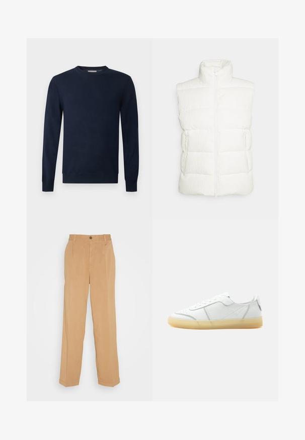 Save the duck EURYOPS - Γιλέκο - off white; Σκούφος σκούρου ναυτικού μπλε με μακριά μανίκια και στρογγυλή λαιμόκοψη, με ριμπ μανσέτες και στρίφωμα σε απλό ανοιχτό φόντο.; Μπεζ παντελόνια με φαρδιά μπούστα κατασκευασμένα από μαλακό ύφασμα, με δύο μπροστινές τσέπες, κουμπί κλεισίματος και πτυχές κατά μήκος των ποδιών.; Λευκό δερμάτινο sneaker χαμηλού ύψους με μπεζ διαφανές πέλμα, κορδόνια μπροστά και ελάχιστες ραφές, εμφανιζόμενο από το πλάι σε απλό φόντο.