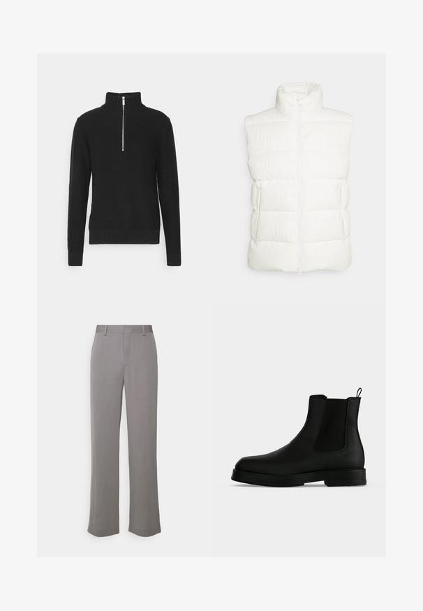 Save the duck EURYOPS - Vest - off white; Sort strikket pullover med høj krave, lynlås lukning, ribbede mansjetter og søm, med en glat tekstur og en tætsiddende silhuet.; Tiger of Sweden TREY - Bukser - grey shadow; Sort læder Chelsea-støvle med elastisk sidepanel, trækstrop bagpå og lav stablet sål på en ensartet lys baggrund.