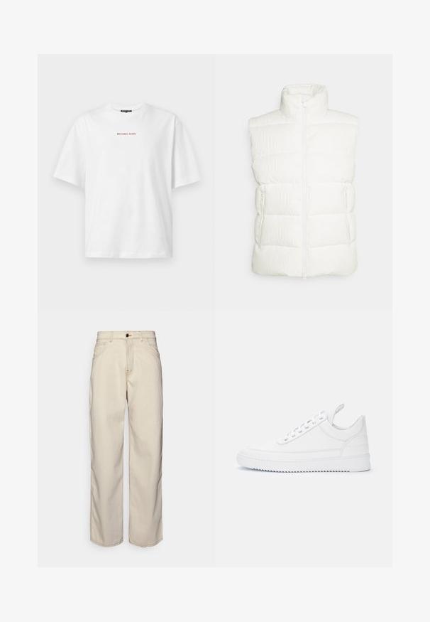 Save the duck EURYOPS - Vest - off white; Valge lühikeste varrukatega t-särk, mille kaelus on pyöre kaelaga, rinnal keskelt väike punane "MICHAEL KORS" tekst.; Fiorucci CARPENTER - Sirgete säärtega teksad - white; Valge madala säärega toss, paeltega sulgemine, õmblusega detailid, kandmiselast ja sooneline tallaosa ühetaustal heledal taustal.