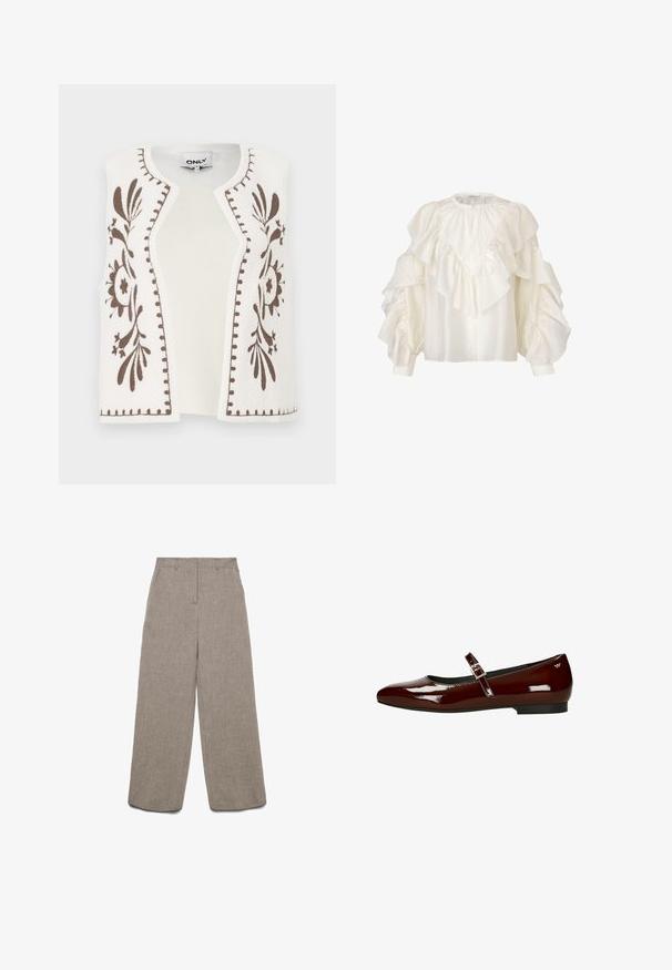 Witte spencer met bruine bloemrijke borduur langs de randen, voorzien van een ronde hals en een open voorkant. Zachte textuur en minimalistische stijl.; Second Female Blouse - tofu; Beige linnen broek met wijde pijpen, riemlussen en een ritssluiting aan de voorkant, met een platte voorkant, weergegeven op een witte achtergrond.; Bordeaux lakleren ballerina's met een lage hak, vierkante neus en verstelbare band met een goudkleurige gespsluiting.